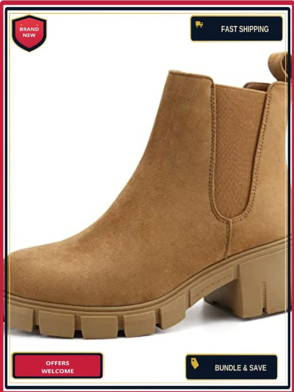 Women Platform Chelsea Ankle Boots Chunky Heel Faux Leather Round Toe